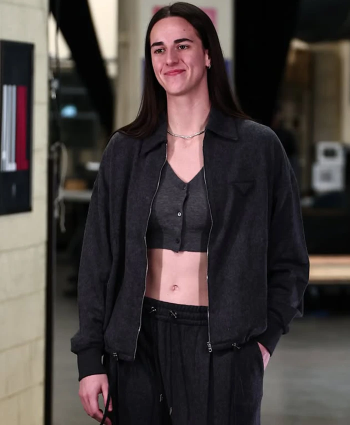 Close view of WNBA Playoffs 2026 Indiana Fever vs Las Vegas Aces Caitlin Clark Black Cotton Workwear Jacket