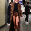 Close view of WNBA Playoffs 2026 Indiana Fever vs Las Vegas Aces Sophie Cunningham Leopard Print Leather Coat