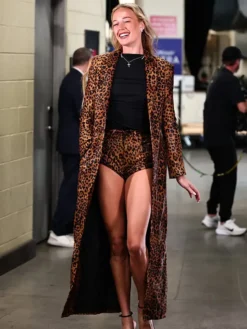 Close view of WNBA Playoffs 2026 Indiana Fever vs Las Vegas Aces Sophie Cunningham Leopard Print Leather Coat
