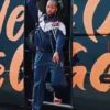 Close view of WNBA Star Angel Reese Vintage Team USA Blue Polyester Windbreaker Tracksuit