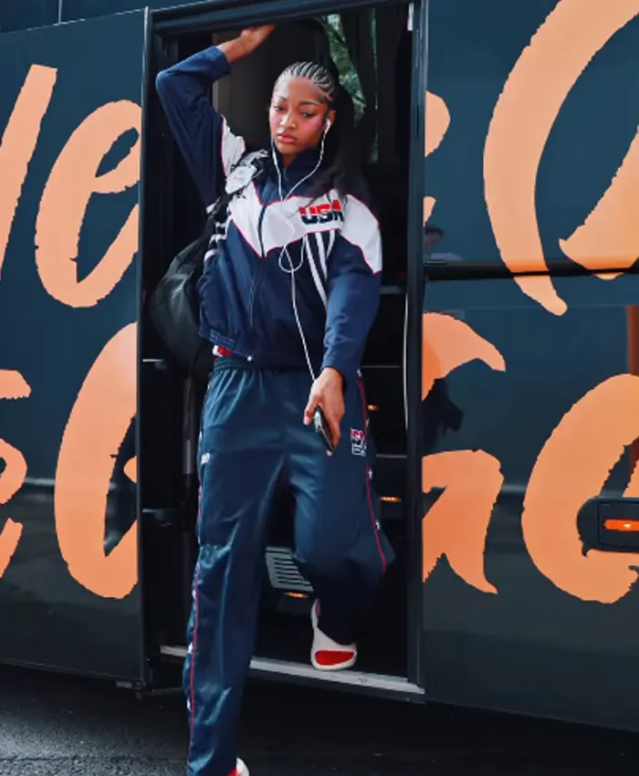 Close view of WNBA Star Angel Reese Vintage Team USA Blue Polyester Windbreaker Tracksuit
