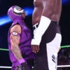 Close view of WWE Rey Mysterio AAA TripleMania 34 2026 Purple And Black Halloween Leather Vest