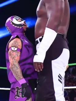 Close view of WWE Rey Mysterio AAA TripleMania 34 2026 Purple And Black Halloween Leather Vest