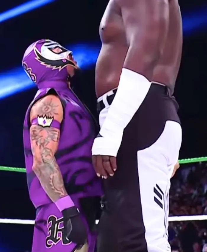 Close view of WWE Rey Mysterio AAA TripleMania 34 2026 Purple And Black Halloween Leather Vest