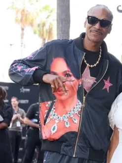 Close view of Walk Of Fame 2026 Snoop Dogg Nia Long Tribute Film-Strip Navy Blue Satin Bomber Jacket