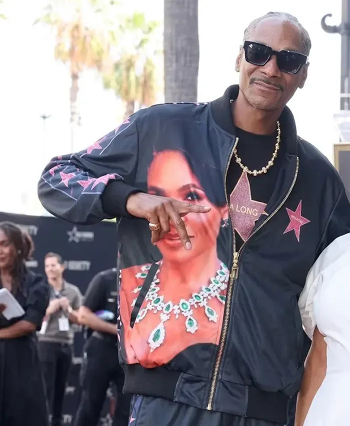 Close view of Walk Of Fame 2026 Snoop Dogg Nia Long Tribute Film-Strip Navy Blue Satin Bomber Jacket