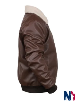 Close view of Xavier Smalls TV-Series Beauty in Black Season 02 Angel Brown Shearling Leather Bomber Jacket