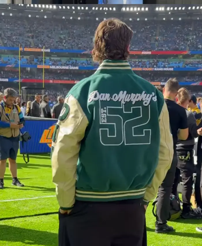 Dan Murphy's 52 NFL Green And Cream Wool Leather DANS Varsity Jacket back view