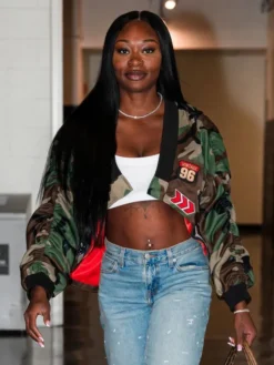 Dana Evans Camo Crop Bomber Jacket
