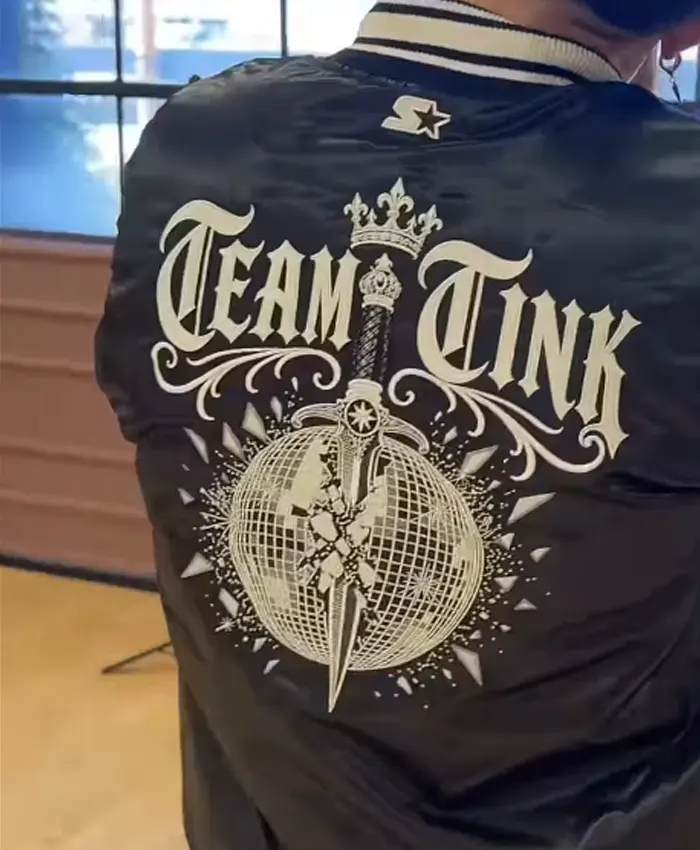 Dancing with the Stars Season 35 Team Tink Maura Higgins and Mark Ballas Starter Black Satin Varsity Jacket back view