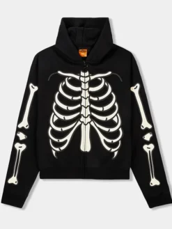 Disney Mickey & Friends Shoe Palace Black Fleece Zip-Up Skeleton Hooded Jacket front view