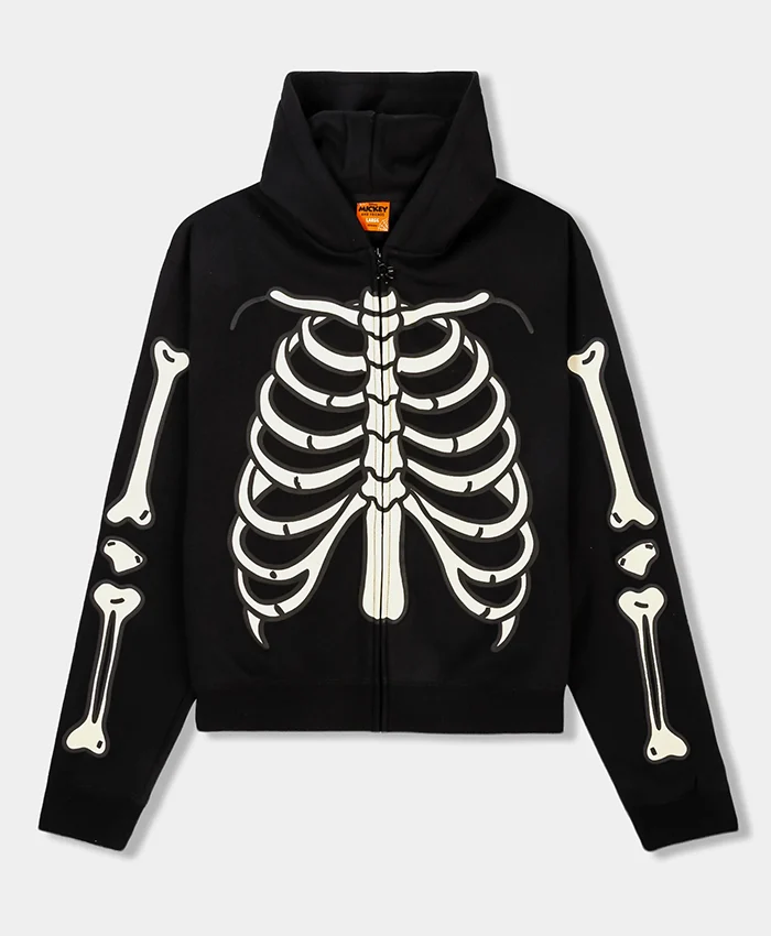 Disney Mickey & Friends Shoe Palace Black Fleece Zip-Up Skeleton Hooded Jacket front view