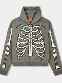 Disney Mickey & Friends Shoe Palace Grey Fleece Zip-Up Skeleton Hooded Jacket front view