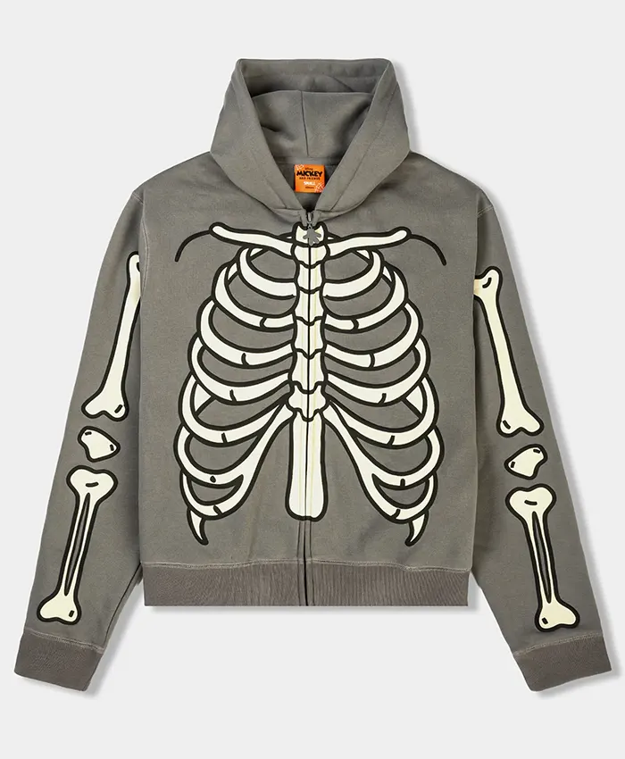 Disney Mickey & Friends Shoe Palace Grey Fleece Zip-Up Skeleton Hooded Jacket front view