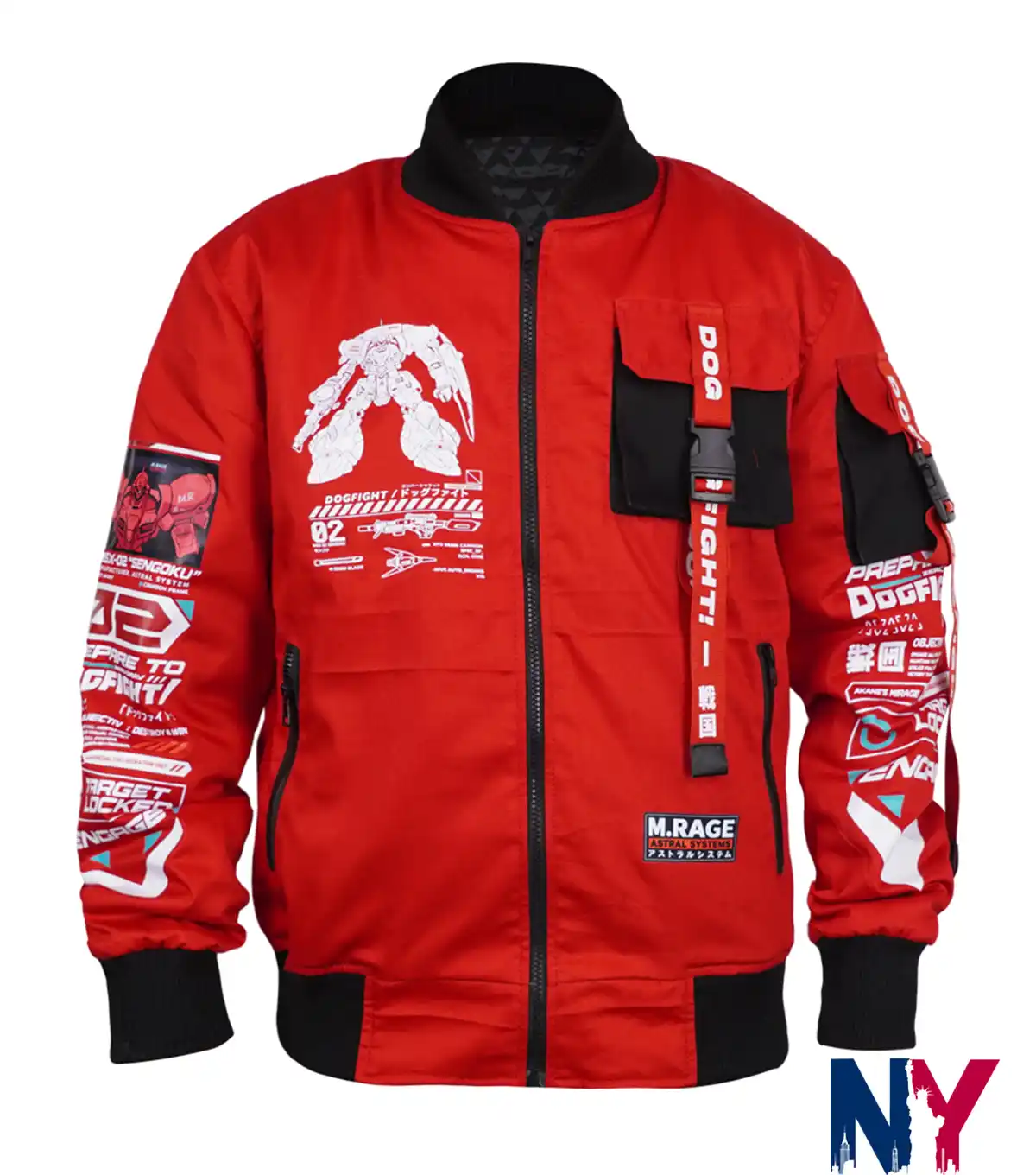 Dogfight Sengoku Edition Anime Techwear Red Cotton Bomber Jacket with Printed Back front view