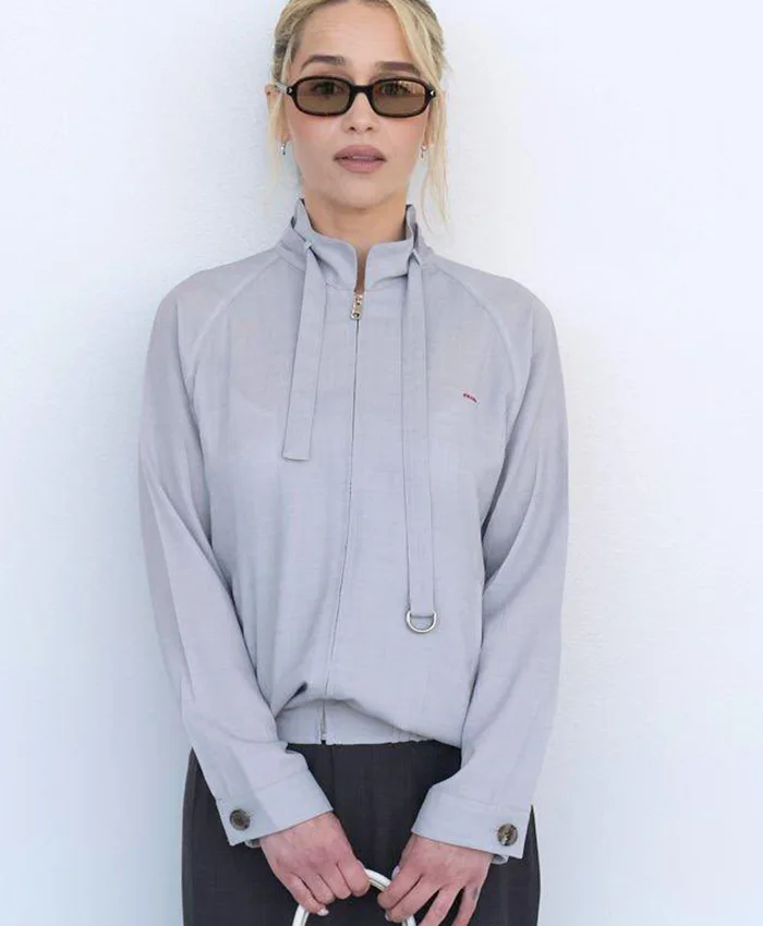 Emilia Clarke Prada Spring Show Milan Fashion Week 2027 Grey Cotton Jacket front view