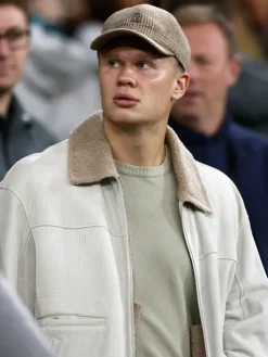 Erling Haaland Manchester City vs Norwich White Corduroy Shearling Collar Jacket front view