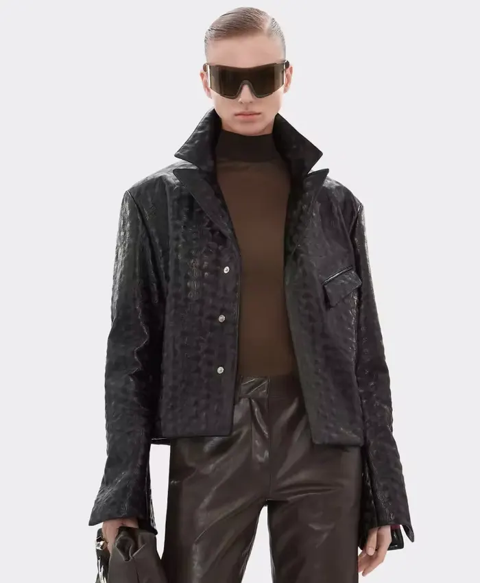 Ferrari Black Leather Crocodile Style Women Blouson Jacket
