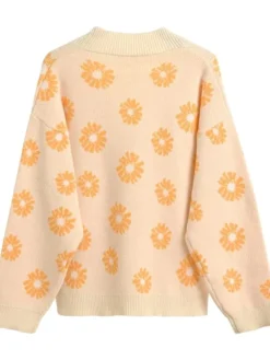 Floral Beige Knit Cardigan Sweater