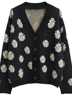 Floral Black Knit Cardigan Sweater