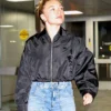 Florence Pugh New York Airport Polyester Black Cropped Prada Bomber Jacket front view
