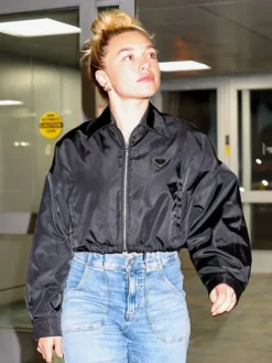 Florence Pugh New York Airport Polyester Black Cropped Prada Bomber Jacket front view