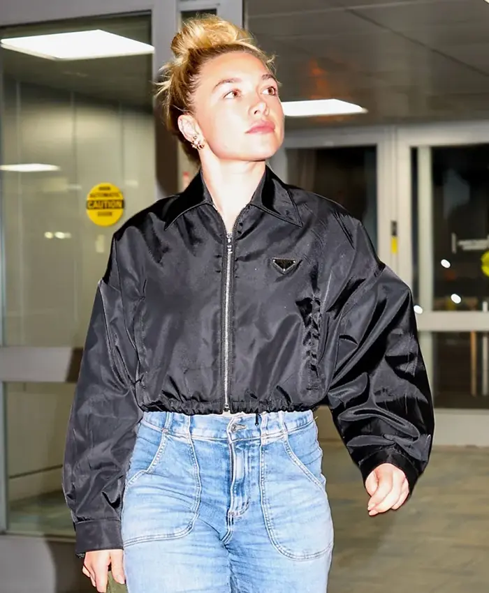 Florence Pugh New York Airport Polyester Black Cropped Prada Bomber Jacket front view