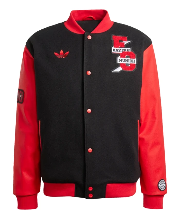 Football Club Bayern Munich 24-25 Adidas Black And Red Varsity Jacket front view
