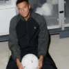French Soccer Player Kylian Mbappe Polyester Black And Grey On Tracksuit front view