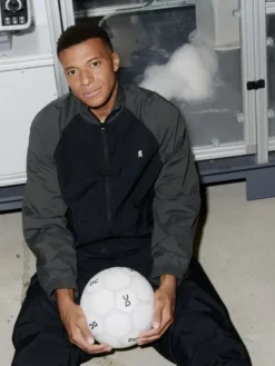 French Soccer Player Kylian Mbappe Polyester Black And Grey On Tracksuit front view