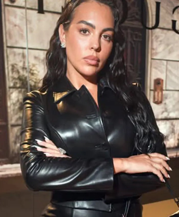 Georgina Ronaldo Gucci Spring Show Milan Fashion Week 2027 Gucci Black Leather Jacket front view