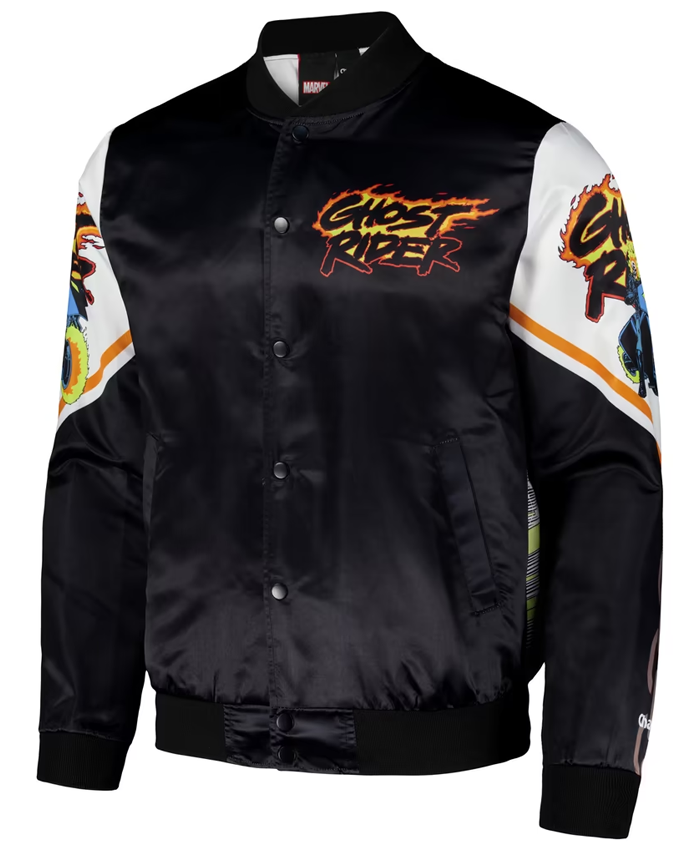 Ghost Rider Chalk Line Fanimation Black And White Full-Snap Satin Varsity Jacket