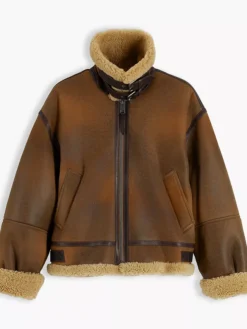 Gigi Hadid Tommy Hilfiger Shearling Leather Natural Cognac Aviator Jacket front view