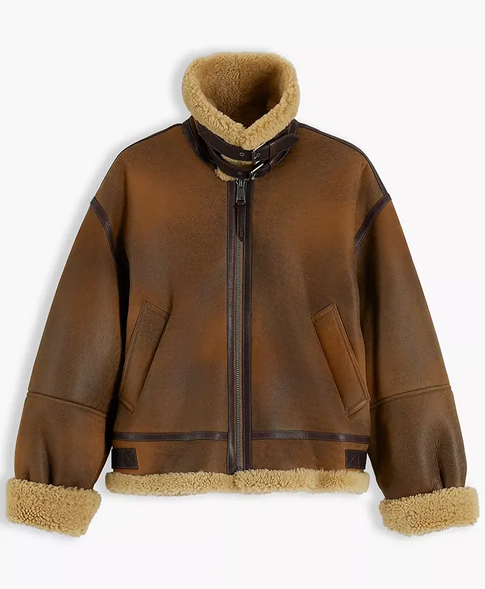 Gigi Hadid Tommy Hilfiger Shearling Leather Natural Cognac Aviator Jacket front view