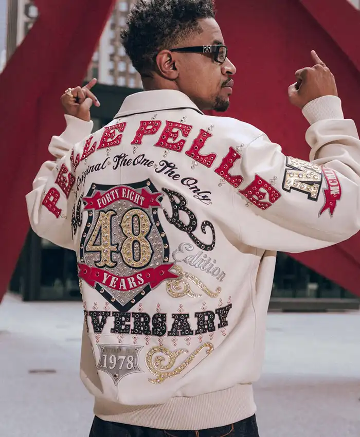 Grab Pelle Pelle 48 Years Anniversary Off-White Bomber Leather Jacket back view