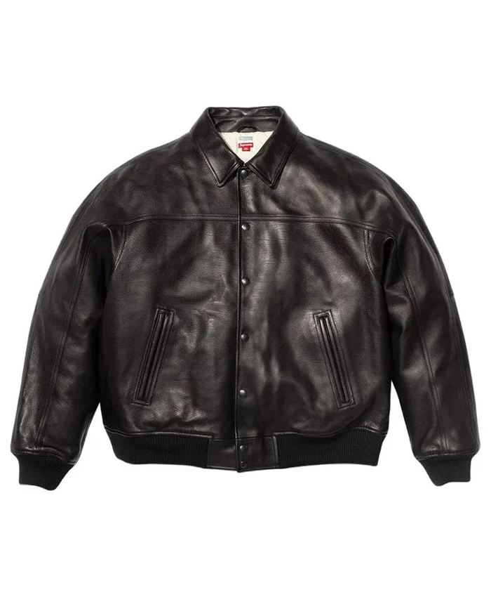 Grab Supreme x A.PRESSE Fall Winter 2026 Black Leather Jacket front view