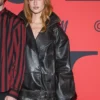 H&M Show London Fashion Week Grace Van Patten Oversized Biker Black Leather Jacket front view