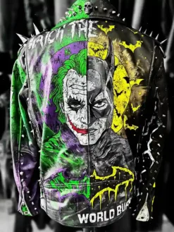 Halloween Batman Vs Joker Watch The World Burn Punk Black Leather Biker Jacket back view