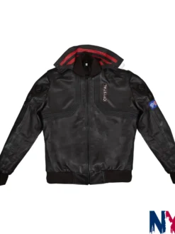 Halloween Men’s Cyberpunk 2077 Samurai Cosplay Black Leather Jacket front view