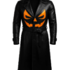 Halloween Pumpkin Black Leather Trench Coat