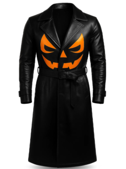 Halloween Pumpkin Black Leather Trench Coat