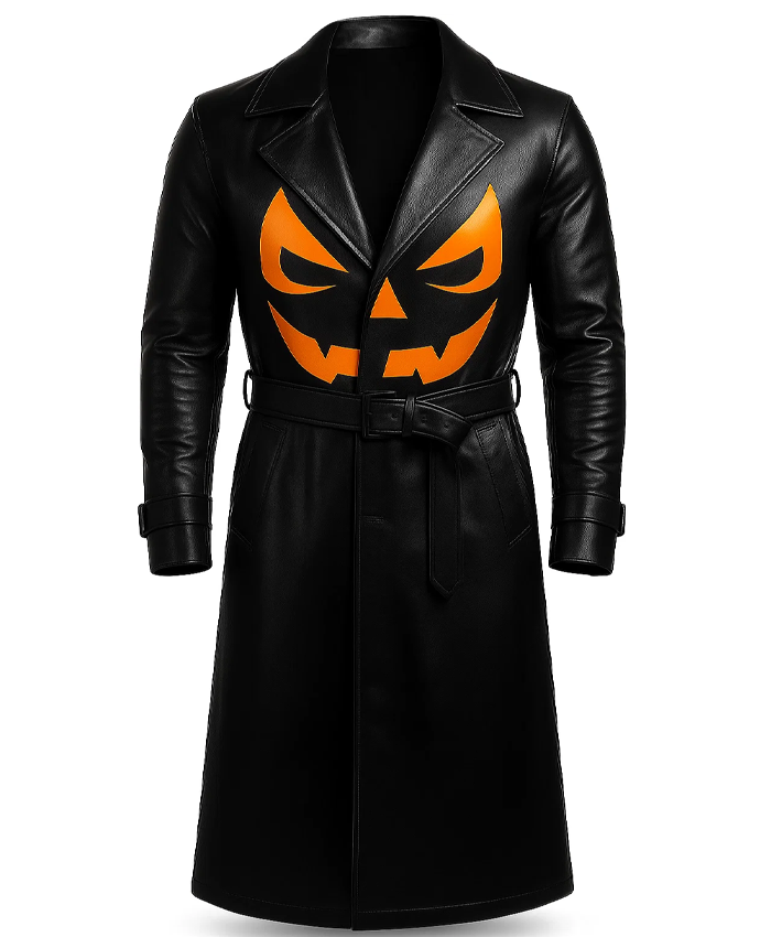 Halloween Pumpkin Black Leather Trench Coat