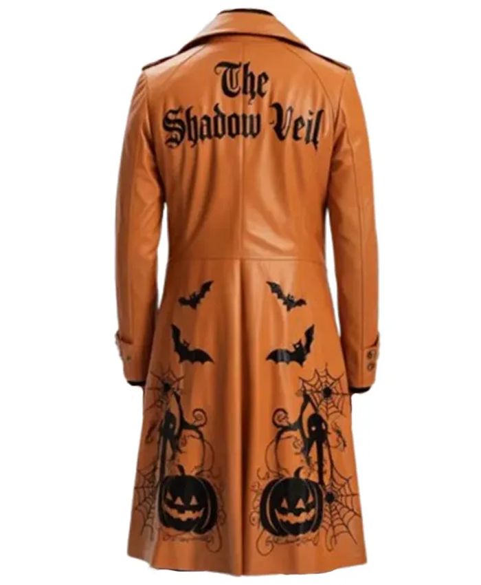 Halloween Pumpkin Leather Long trench Coat