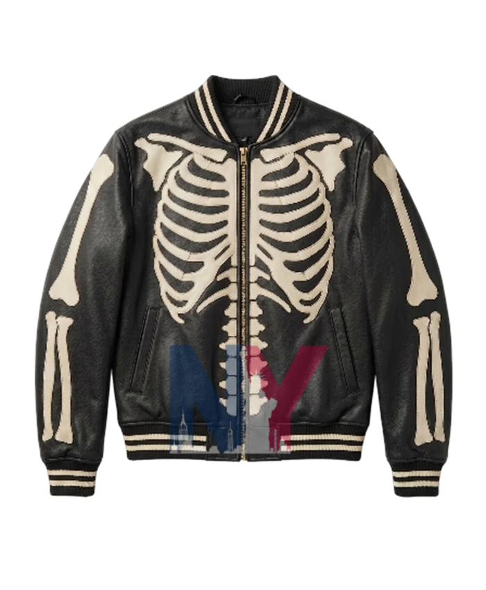Halloween Skeleton Leather Bomber Varsity Biker Style Jacket For Sale