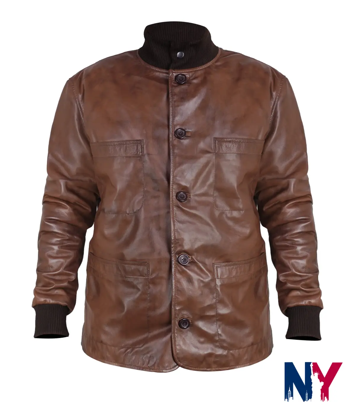 Harry Da Souza TV Series Mobland 2025 Tom Hardy Brown Leather Jacket front view