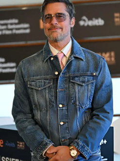 Heart-of-the-Beast-Photocall-2026-Brad-Pitt-Blue-Denim-Trucker-Jacket-Front
