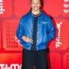 Indiana Fever WNBA Makayla Timpson Birthday Fit Navy Blue Bomber Leather Jacket front view