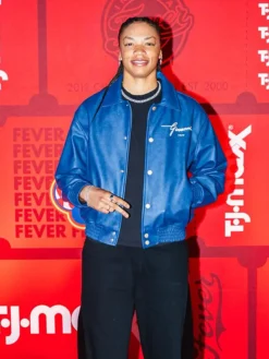 Indiana Fever WNBA Makayla Timpson Birthday Fit Navy Blue Bomber Leather Jacket front view
