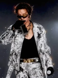 J-Hope BTS ARIRANG World Tour Chicago Distressed And Textured Leather Jacket front view