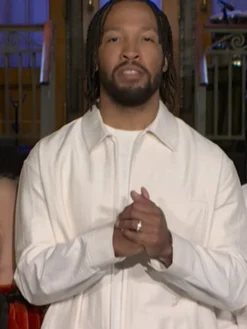 Jalen Brunson NBC Saturday Night Live Season 52 Premiere White Cotton Workwear Jacket front view
